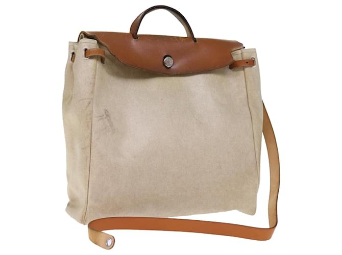 Hermès HERMES Borsa MM Borsa a mano Toile H Pelle Beige Marrone Auth am6258 Tela  ref.1377938