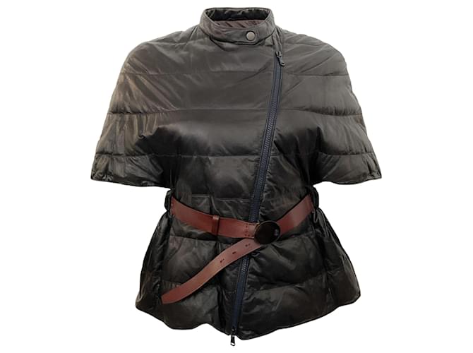 Autre Marque Brunello Cucinelli Black Leather Short Sleeve Belted Puffer Jacket  ref.1379014