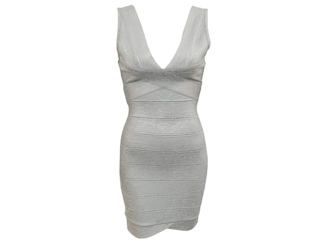 Autre Marque Herve Leger Silver Sleeveless Bandage Dress Silvery Viscose  ref.1379028