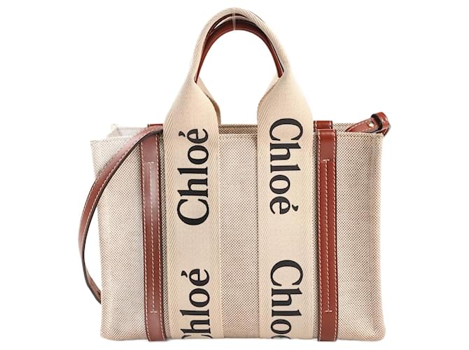 Chloé – Kleine 2-Wege-Handtasche „Woody“ aus Leinen in Beige  ref.1379047