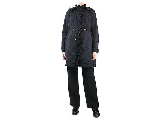 Moncler Black hooded ruffle trim coat - size UK 12 Polyester  ref.1379286