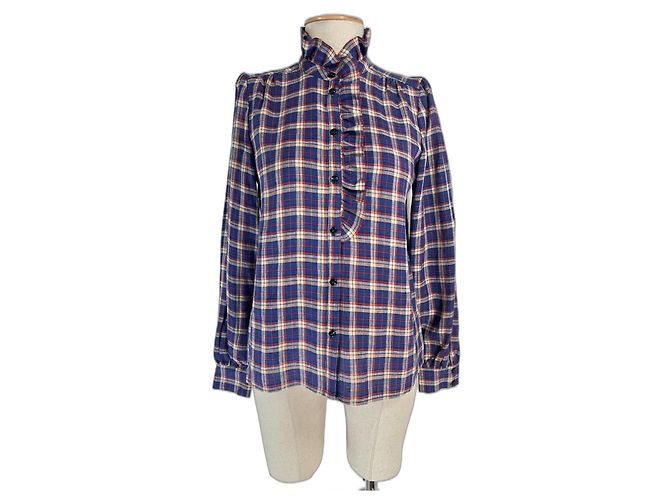 SéZane Camicia Chloe a Quadri in Lino Blu Multicolore