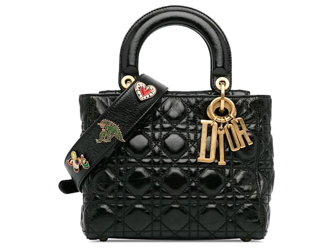 Dior Preto Pequeno Enrugado Patente Cannage Lucky Badges My Lady Dior Couro Couro envernizado  ref.1379581