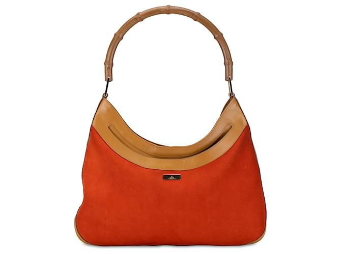 Gucci Red Bamboo Suede Shoulder Bag Brown Light brown Leather Pony-style calfskin  ref.1379594