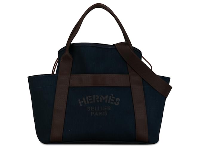 Hermès Bolsa de higiene Hermes Azul Sac de Pansage Marrom Castanho escuro Azul marinho Lona Pano  ref.1379644
