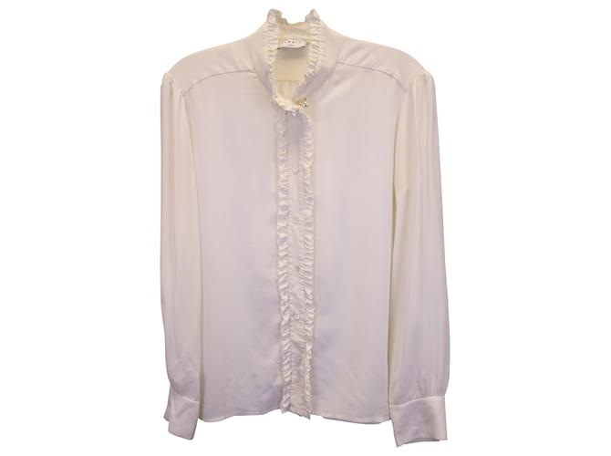 Sandro Paris Hanni Ruffled Button-Up Blouse in White Silk  ref.1379718