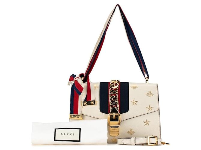 Gucci Sylvie Small Bee & Star Lederhandtasche 2WAY 524405 in sehr gutem Zustand Weiß  ref.1379742