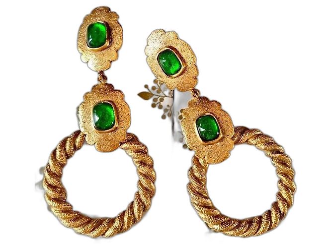 Chanel Gripoix Glasohrringe Smaragdgrün Gold hardware