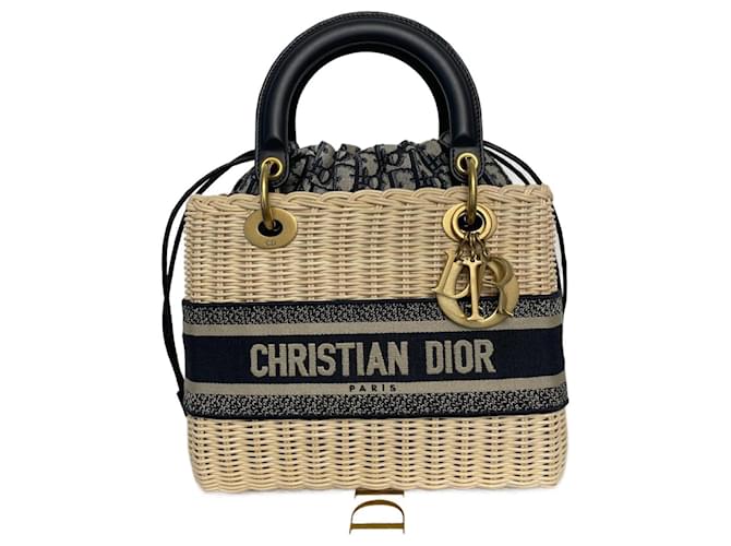 Christian Dior Handbags Beige Dark blue Leather Cloth Wicker  ref.1379981