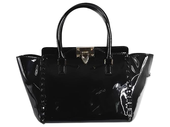 Valentino Bolsas com alça superior envernizada com tachas pretas Preto Couro  ref.1380543