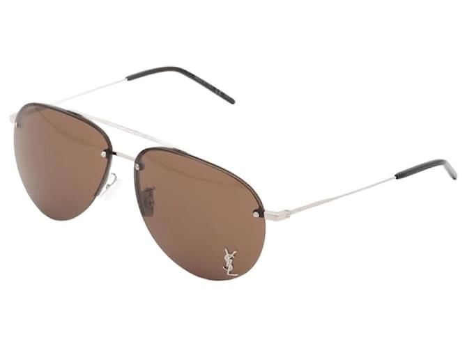 Saint Laurent Silver aviator sunglasses Brown Plastic  ref.1380569