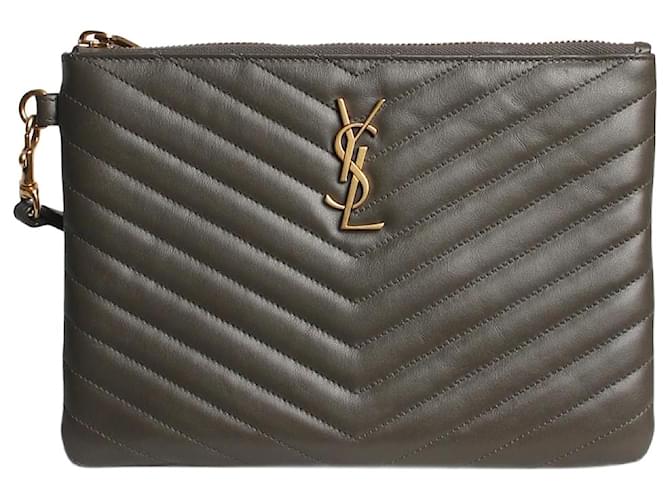 Saint Laurent Grey chevron quilted pouch Leather  ref.1380575
