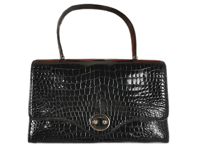 Bolsa Hermès vintage de colecionador em crocodilo. Preto Couros exóticos  ref.1380635