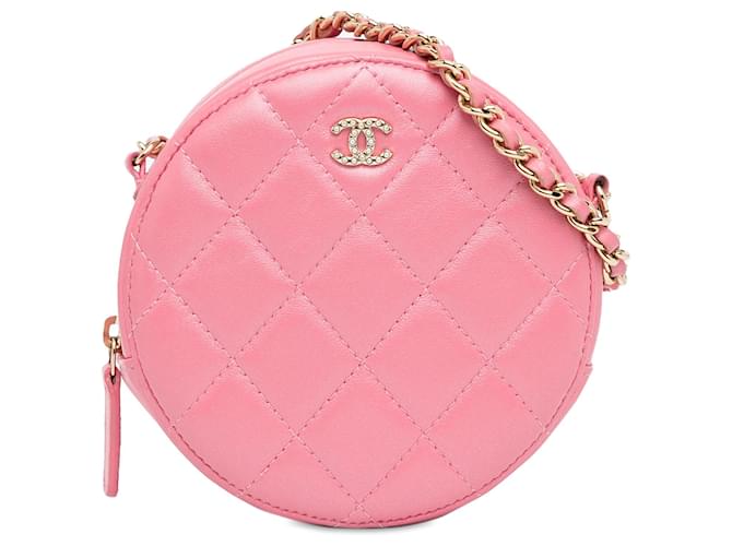 Bolsa redonda Chanel Pink CC acolchoada em pele de cordeiro com pérolas e corrente Rosa Couro  ref.1380811