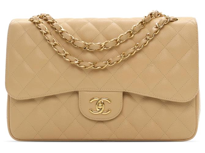 Chanel Brown Jumbo Classic Caviar Double Flap Beige Leather  ref.1380848