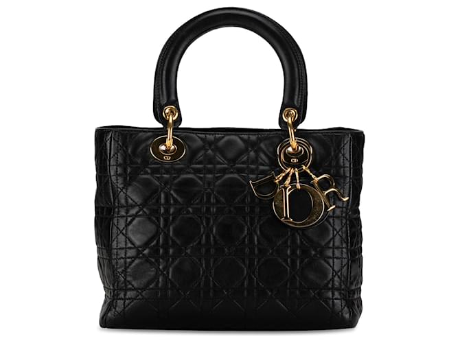 Dior Black Medium Lambskin Cannage Lady Dior Leather  ref.1380851