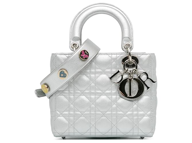 Dior Plata Pequeña Metalizada Piel de becerro granulada Cannage Lucky Badges My Lady Dior Cuero  ref.1380875