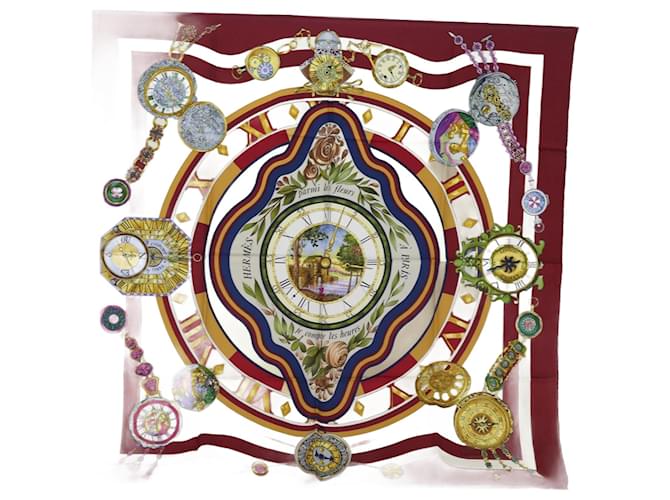 Hermès HERMES Carre 90 Scarf ""parmi les fleurs je compte les heures"" Silk Auth am6218 Red  ref.1381039