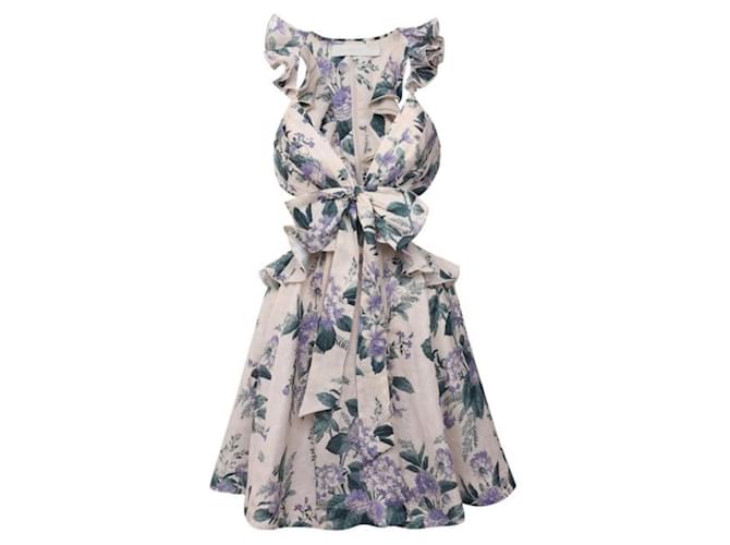 Autre Marque Zimmermann Oatmeal Hydrangea Floral Print Linen Cassia Ruffle Mini Dress Multiple colors  ref.1381205