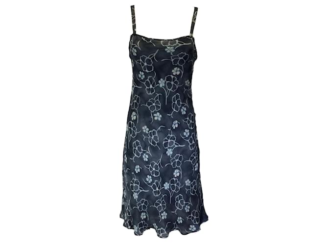 Autre Marque Giorgio Armani Vintage robe en soie sans manches à imprimé floral bleu foncé  ref.1381215