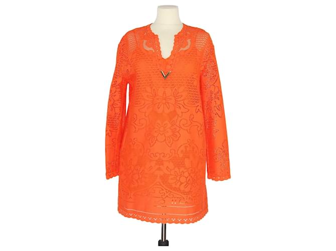 Mini-robe brodée florale dorée Valentino Orange V Coton  ref.1381218