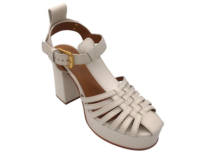 Autre Marque See By Chloe Ivory Chunky Caged Leather Platform Heels Cream  ref.1381219
