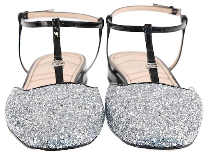 Gucci Silver Glitter Double G Ballet Flats Silvery Leather  ref.1381269