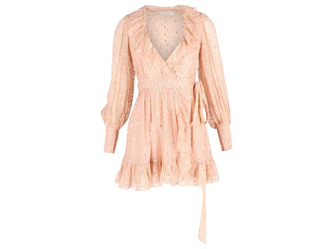 Zimmermann Ruffled Mini Wrap Dress with Gold Polka Dots in Blush Silk Pink Peach Cotton  ref.1381332