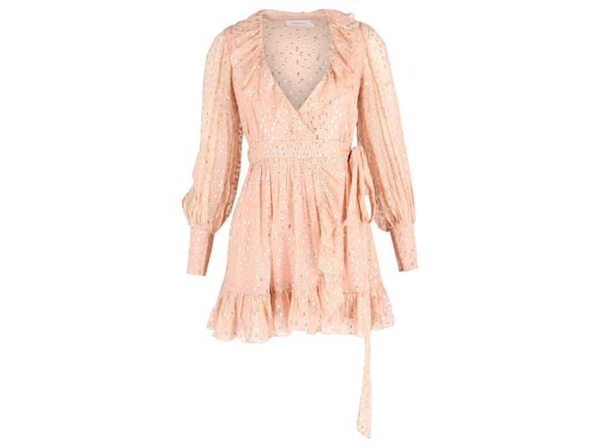 Zimmermann Mini vestido envolvente com babados e bolinhas douradas em seda blush Rosa Pescaria Algodão  ref.1381332