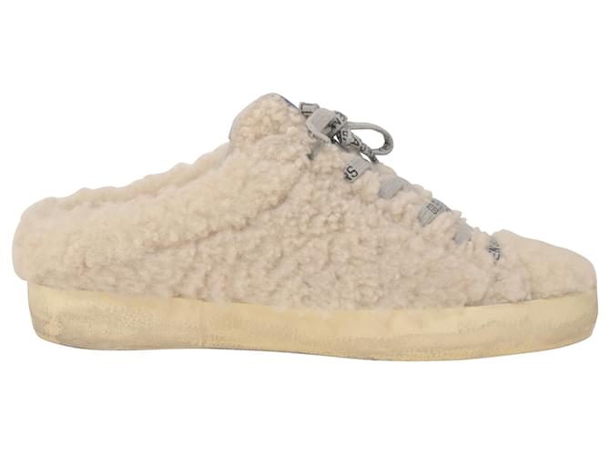 Golden Goose Superstar Sabot Distressed Glittered Shearling Slip-On Sneakers in White Wool  ref.1381371
