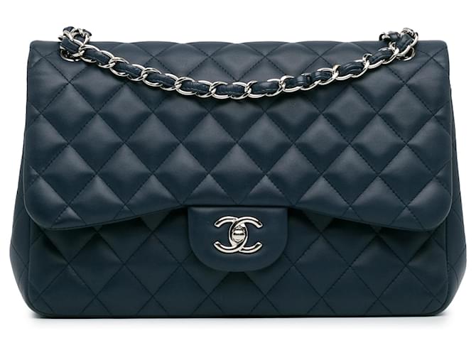Chanel Blue Jumbo Classic Lambskin Double Flap Navy blue Leather  ref.1381516