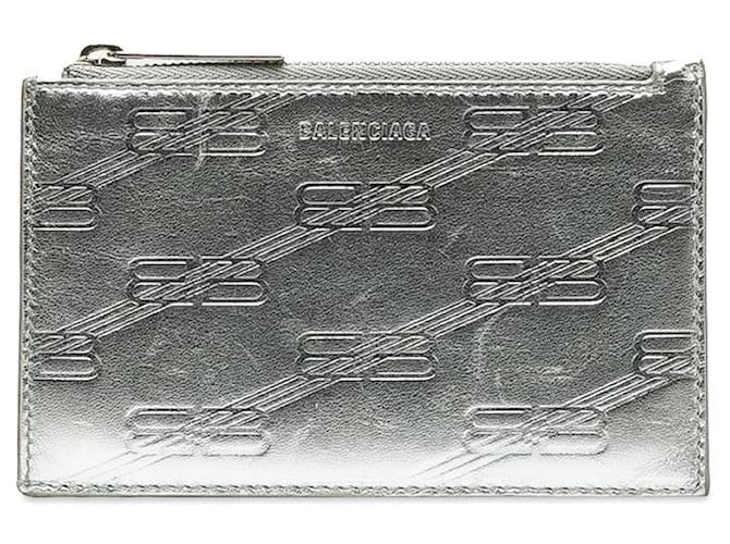 Tarjetero de piel con logotipo de Balenciaga 717784 En GRAN estado Plata Cuero  ref.1381615