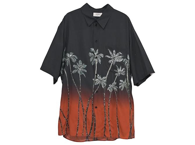 Céline Camisa Degrade con estampado de palmeras y adornos de lentejuelas Celine en viscosa negra Negro Fibra de celulosa  ref.1381851