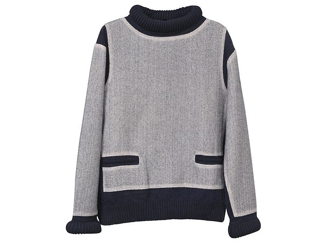 Zweifarbiger Rollkragenpullover von Chanel aus blauer Wolle