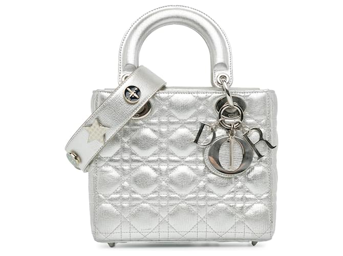 Dior prata pequena pele de cordeiro Cannage My Lady Dior Lucky Badges Couro  ref.1381968