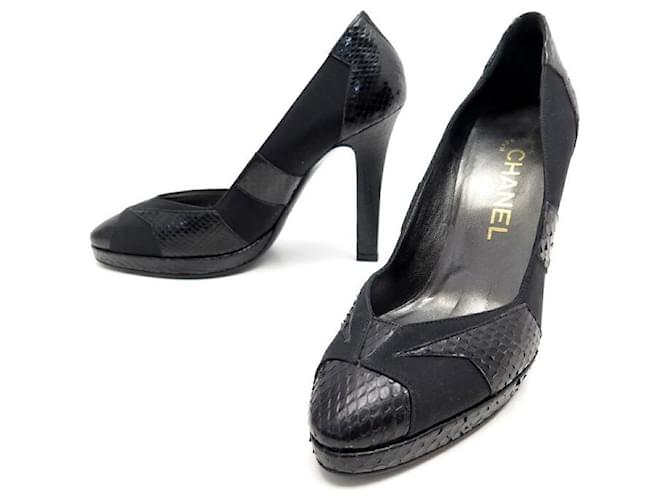 NEW CHANEL SHOES PUMPS G26126 36 PYTHON AND BLACK CANVAS NEW SHOES Exotic leather  ref.1382101