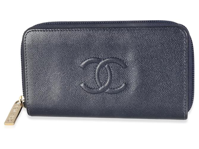 Carteira Chanel Navy Caviar CC Zip Around Azul Couro  ref.1382781