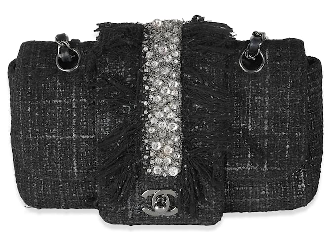 Timeless Bolsa Chanel Black Tweed Swarovski com aba e franja Preto Pano  ref.1382830