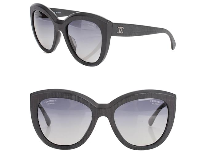 ÓCULOS DE SOL CHANEL com efeito tweed, lentes polarizadas e detalhe de borboleta com o logo CC, modelo 5332-A na cor preta. Preto Acetato  ref.1382870