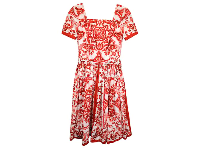 Dolce & Gabbana Majolica Printed Pleated Midi Dress in Red Cotton  Dark red  ref.1382932