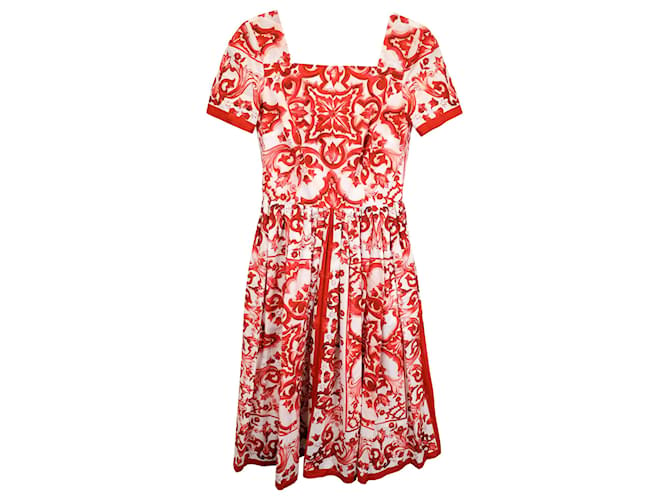 Dolce & Gabbana Robe midi plissée imprimée Majolica en coton rouge Bordeaux  ref.1382932