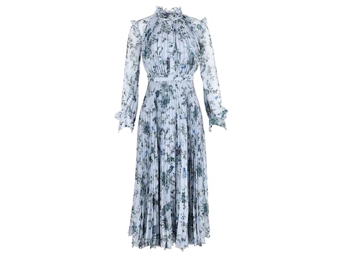 Erdem Narella Hogarth-Print Pleated-Chiffon Dress in Blue Polyester Light blue  ref.1382941