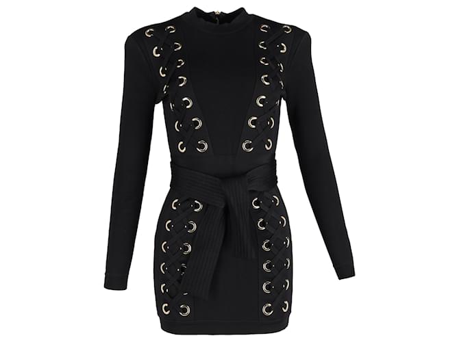 Balmain Stretch Knit Lace Up Detail Bodycon Dress in Black Viscose Cellulose fibre  ref.1382956