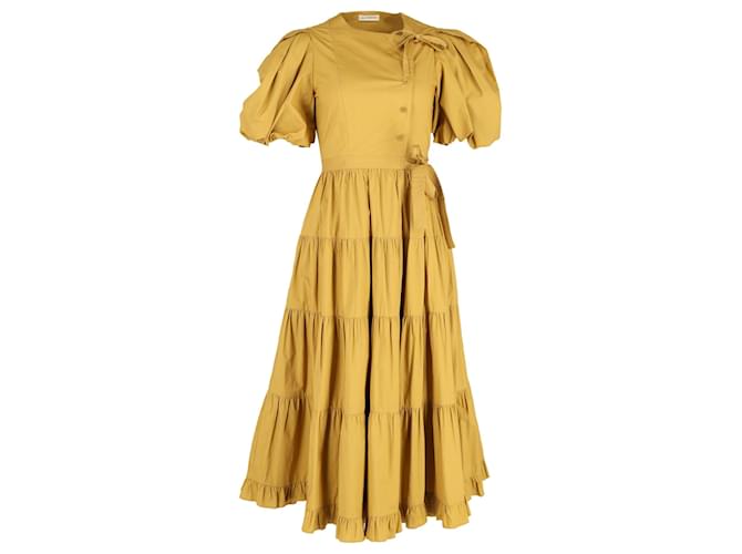 Vestido midi Ulla Johnson Agathe Tiered Wrap em algodão camelo Amarelo  ref.1382961