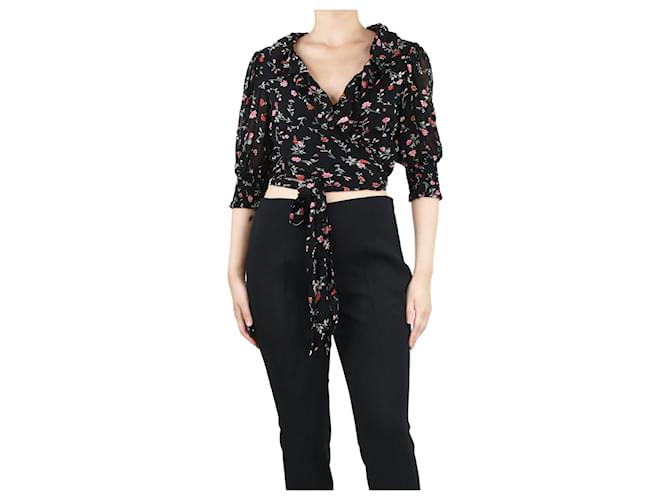 Ganni Top cruzado con volantes y estampado floral negro - talla UK 40 Viscosa  ref.1383061