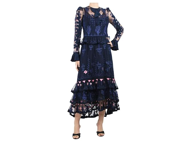 Alice by Temperley Dark blue floral lace ruffled midi dress - size UK 12 Polyamide  ref.1383074