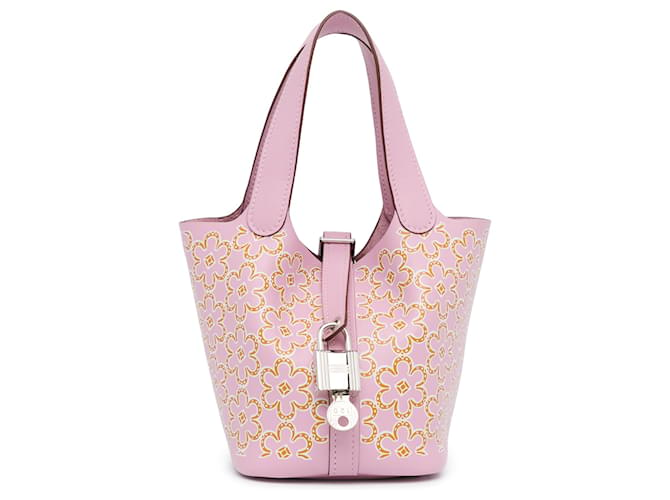 Hermès Pink Micro Swift Lucky Daisy Picotin-Schloss 14 Leder Kalbähnliches Kalb  ref.1383514
