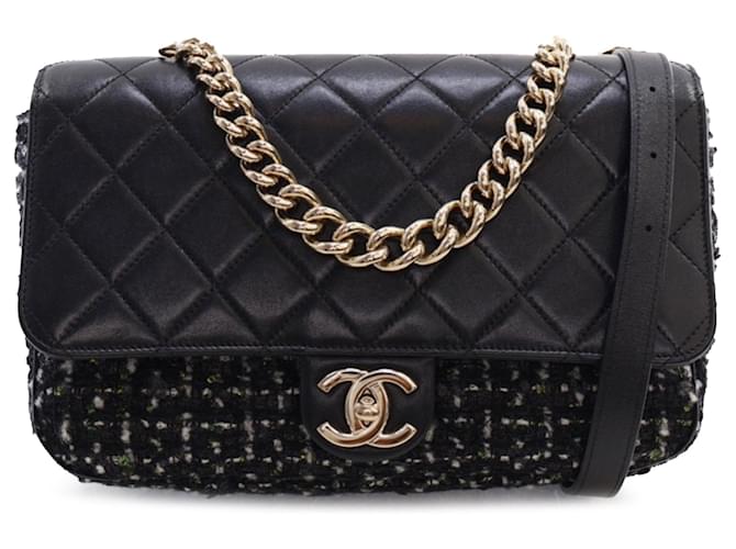 Chanel CC - Einzelklappe aus gestepptem Lammleder und Tweed in Schwarz Tuch  ref.1383557