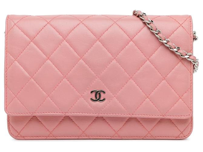 Wallet On Chain Carteira Chanel Pink CC acolchoada de pele de cordeiro com corrente Rosa Couro  ref.1383565