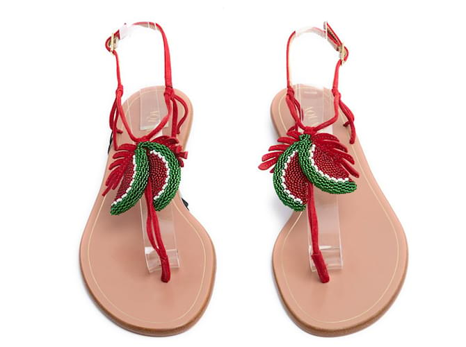 Sandali Aquazzura EU38.5 Juicy Fruit in camoscio, sandali piatti US8 nuovi. Rosso Pelle Scamosciato  ref.1383737